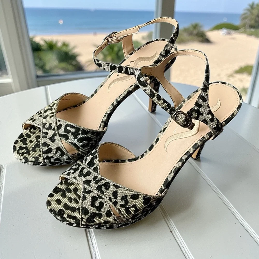 Nina Sparkle Silver Leopard Print Heeled Sandals with Ankle Strap - Picture 11 of 12